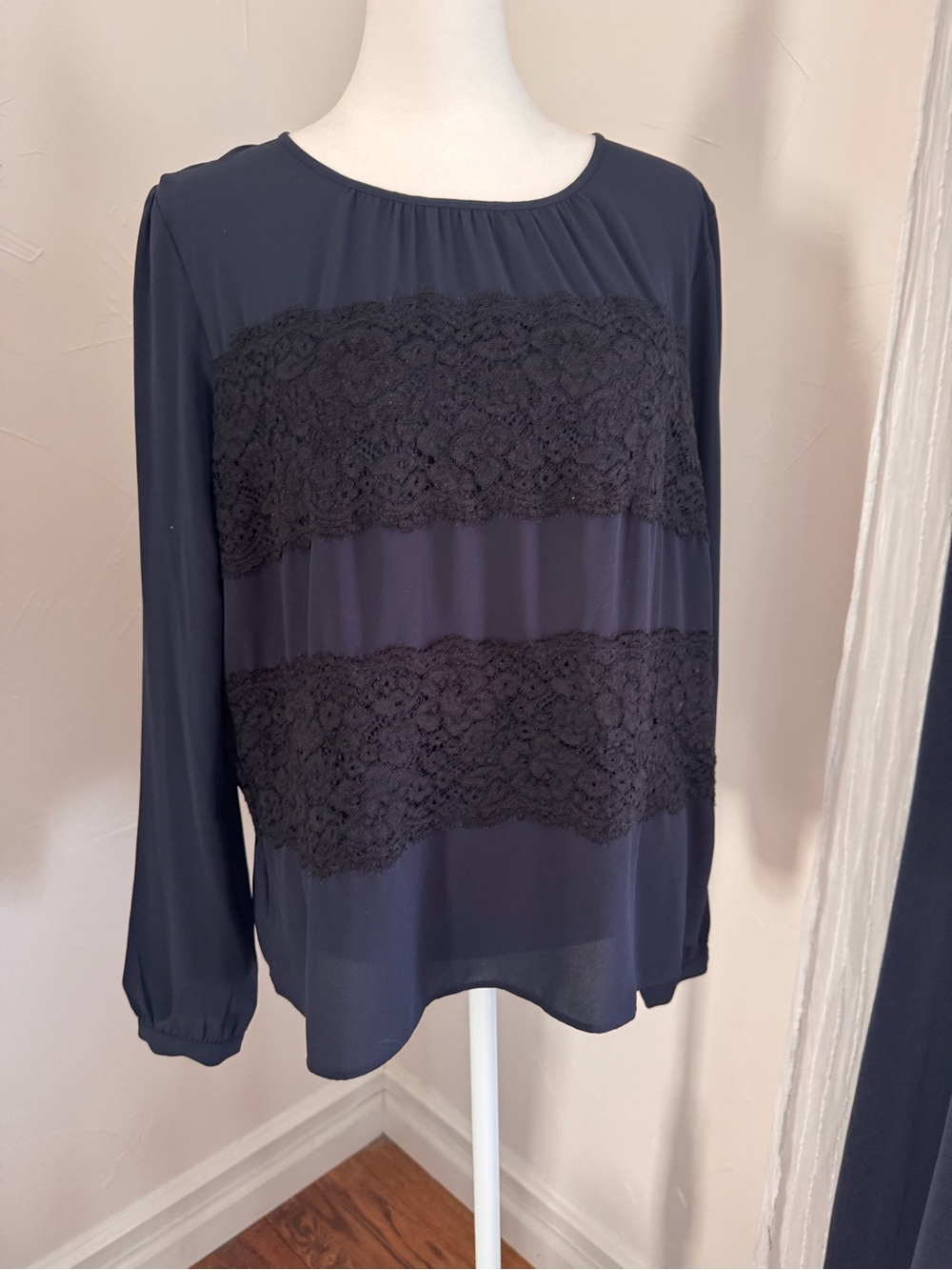 Navy Long Sleeve Blouse with Black Lace Panels